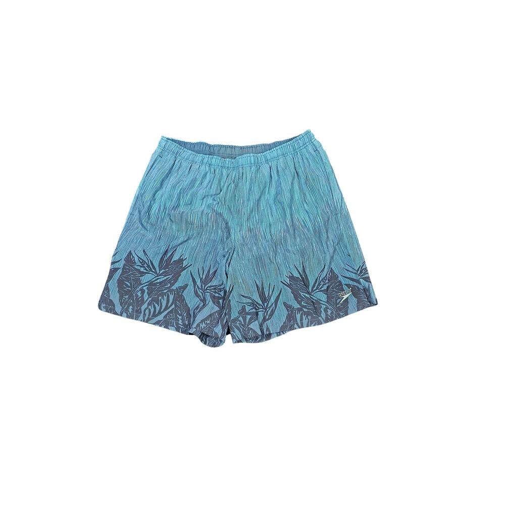 Vintage Speedo Swim Shorts Mens Large Blue Black Tropical Leaf Crinkle Nylon 90s